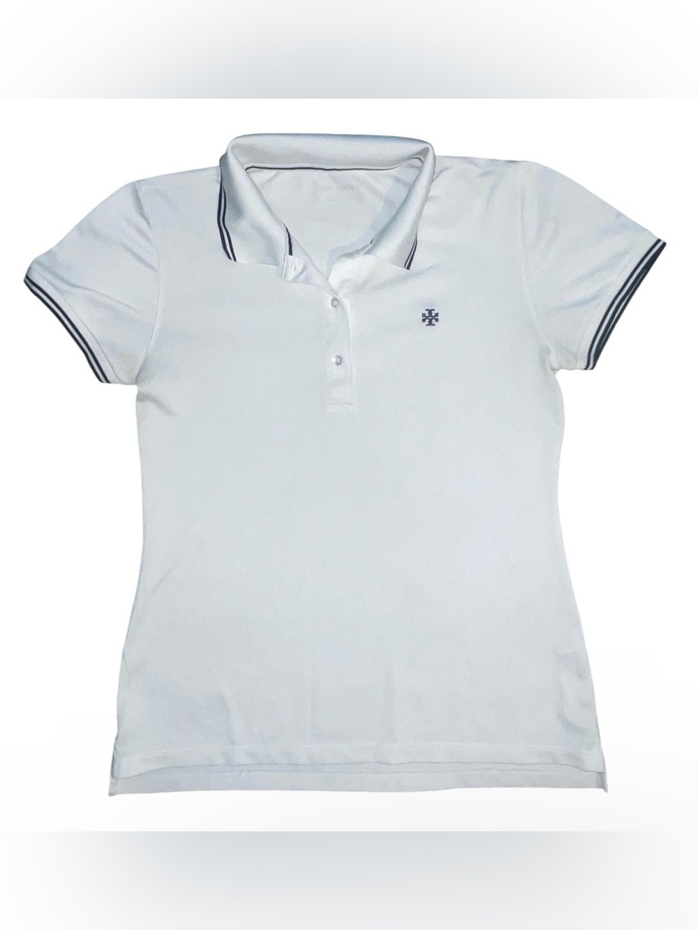 Tory Burch White Polo Shirt with Navy Trim and Small Logo